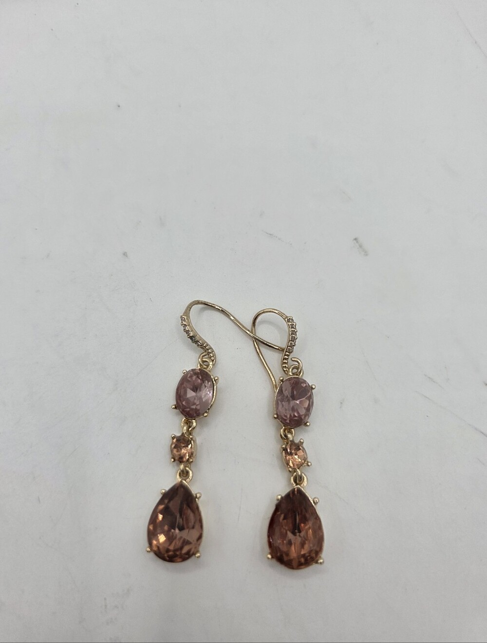 Gold Tone Pink Amber Rhinestone Crystal Dangle Drop Earrings French Wire